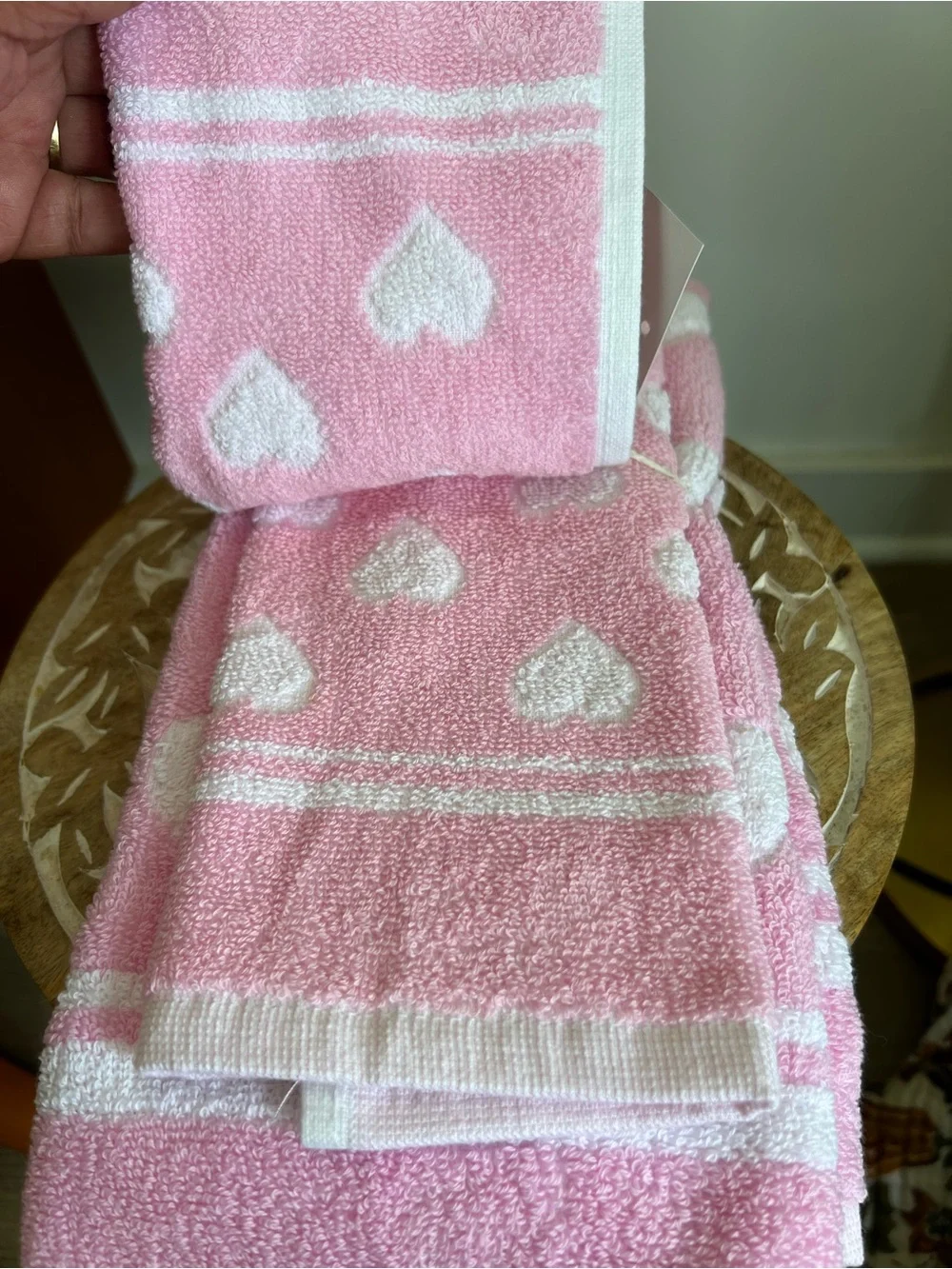 Casaba 100% Turkish Ringspun Cotton Pink Heart Towel Set 1-hand 2-wash towels